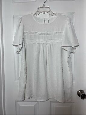 Falechay White Textured Dots Short Sleeve Blouse with Crocheted Lace Accents